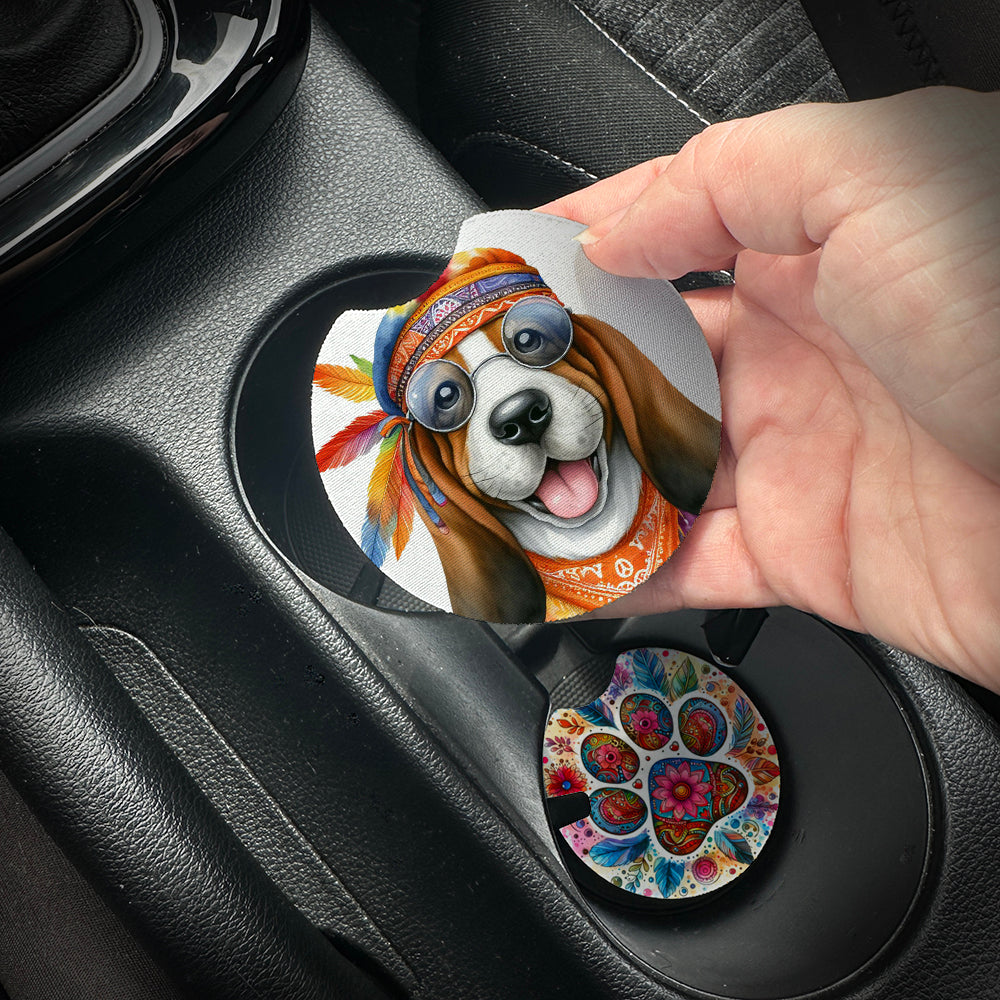 Hand placing a colorful car coaster with a dog design into a car cup holder.