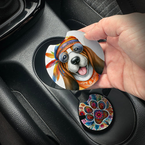 Hand placing a colorful car coaster with a dog design into a car cup holder.