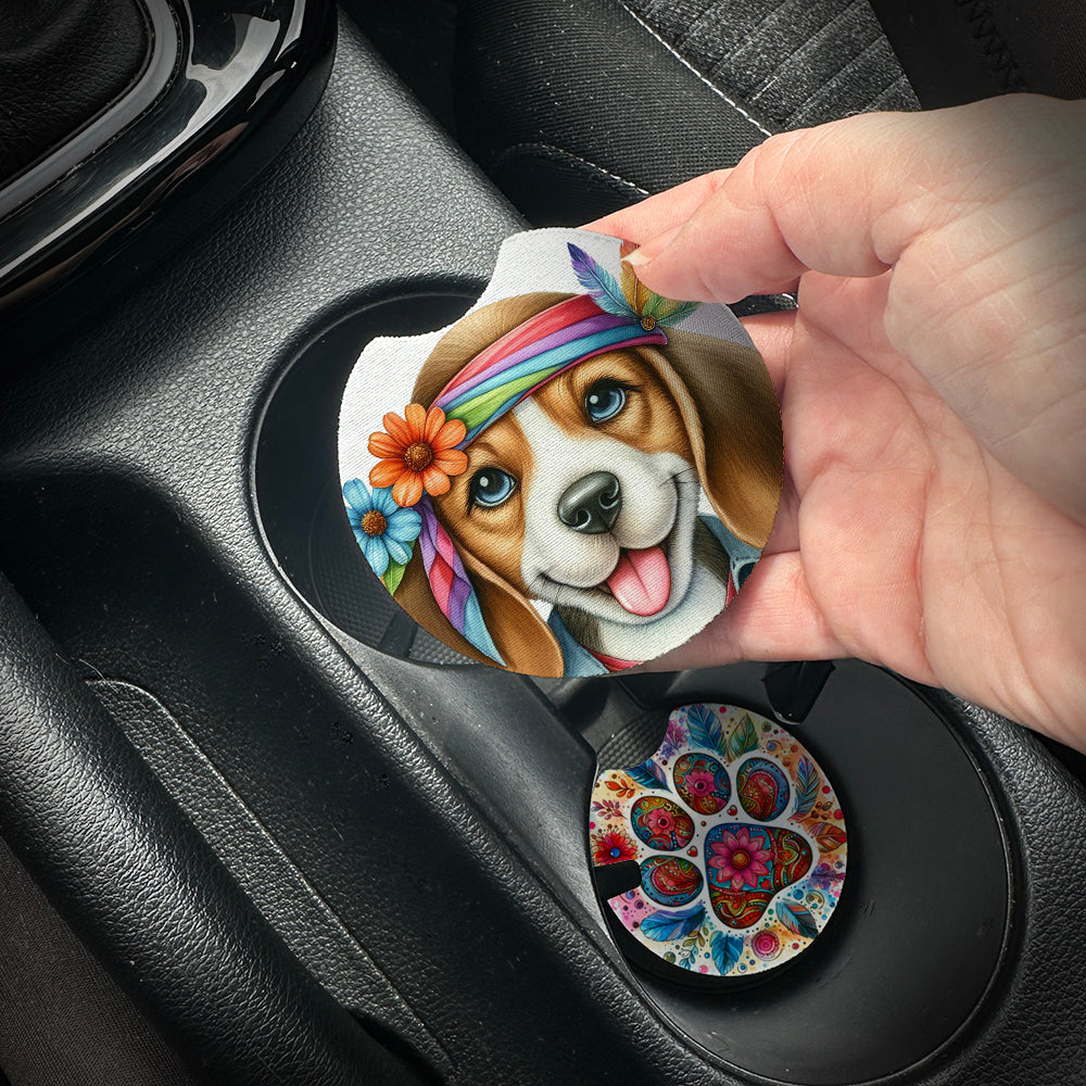 Hand placing a colorful car coaster with a dog design into a car cup holder.