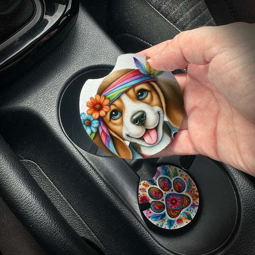 Hand placing a colorful car coaster with a dog design into a car cup holder.