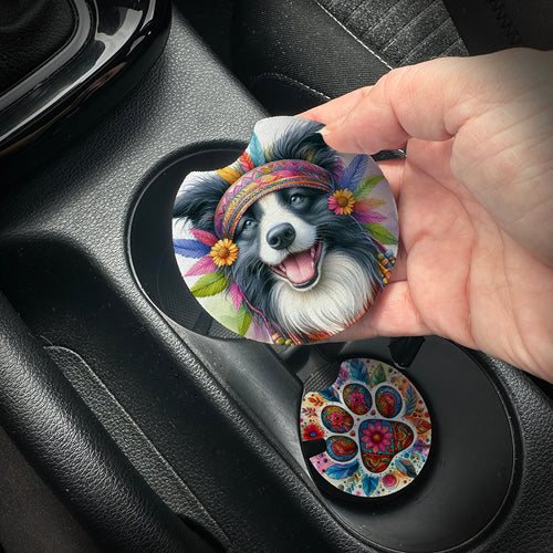 Hand placing a colorful car coaster with a dog design into a car cup holder.