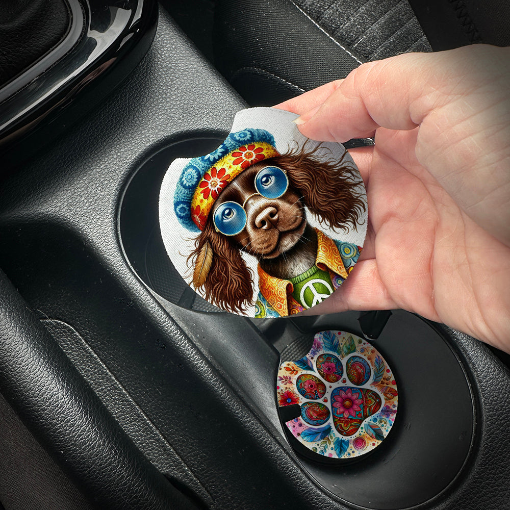 Hand placing a colorful car coaster with a dog design into a car cup holder.