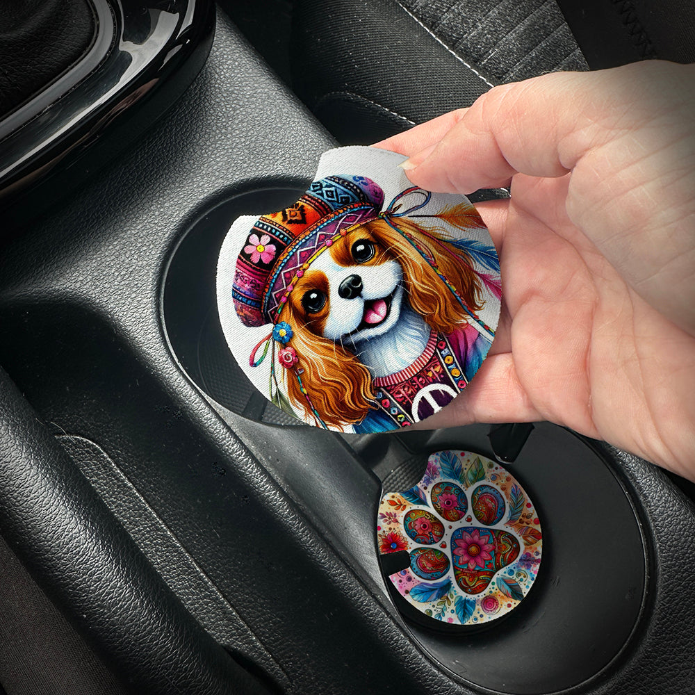 Hand placing a colorful car coaster with a dog design into a car cup holder.