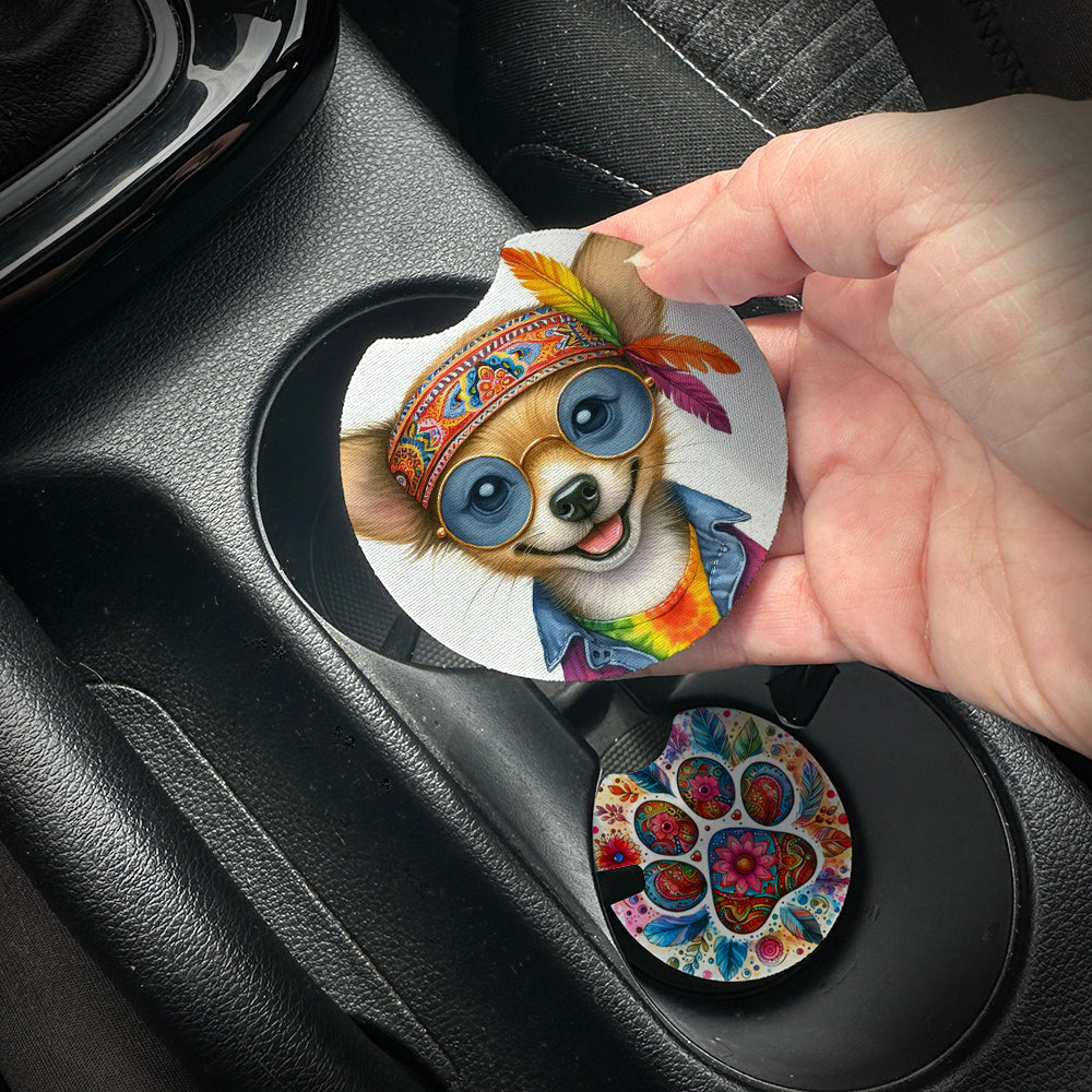 Hand placing a colorful car coaster with a dog design into a car cup holder.