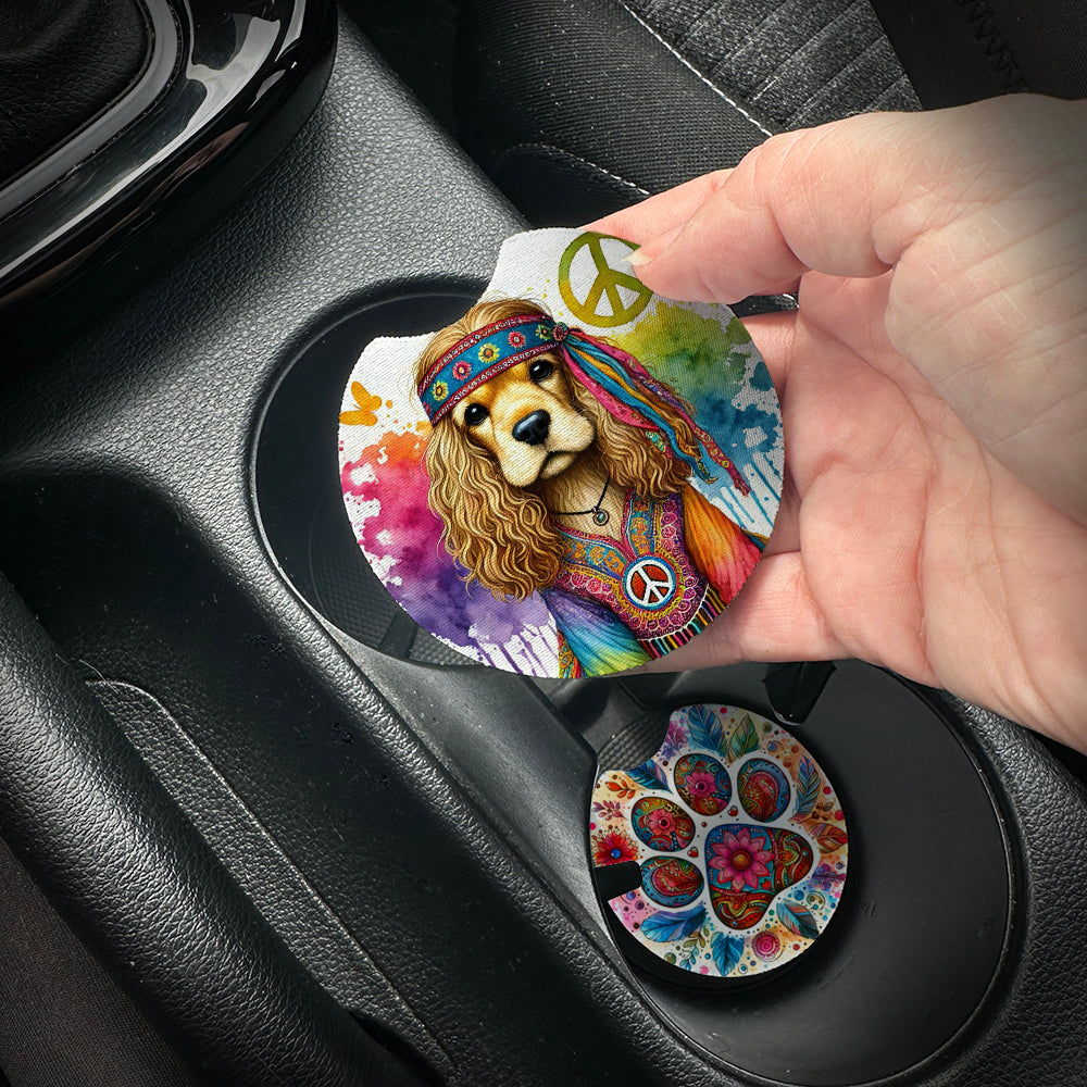 Hand placing a colorful car coaster with a dog design into a car cup holder.