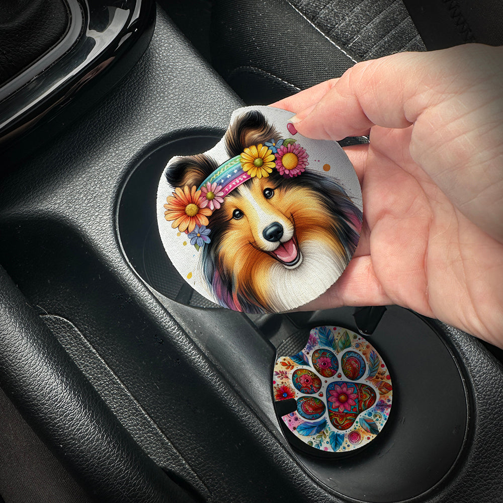Hand placing a colorful car coaster with a dog design into a car cup holder.