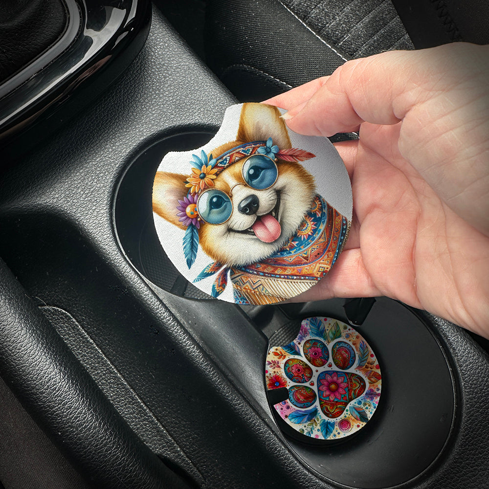 Hand placing a colorful car coaster with a dog design into a car cup holder.