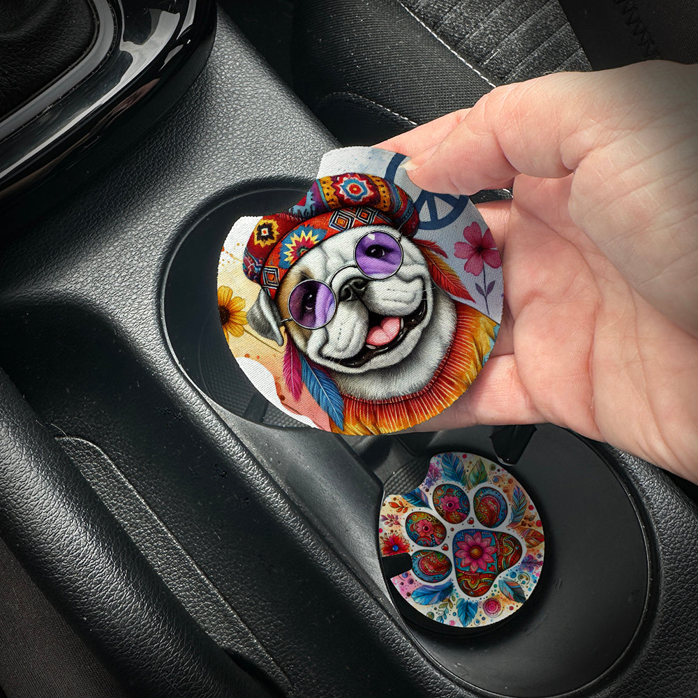 Hand placing a colorful car coaster with a dog design into a car cup holder.