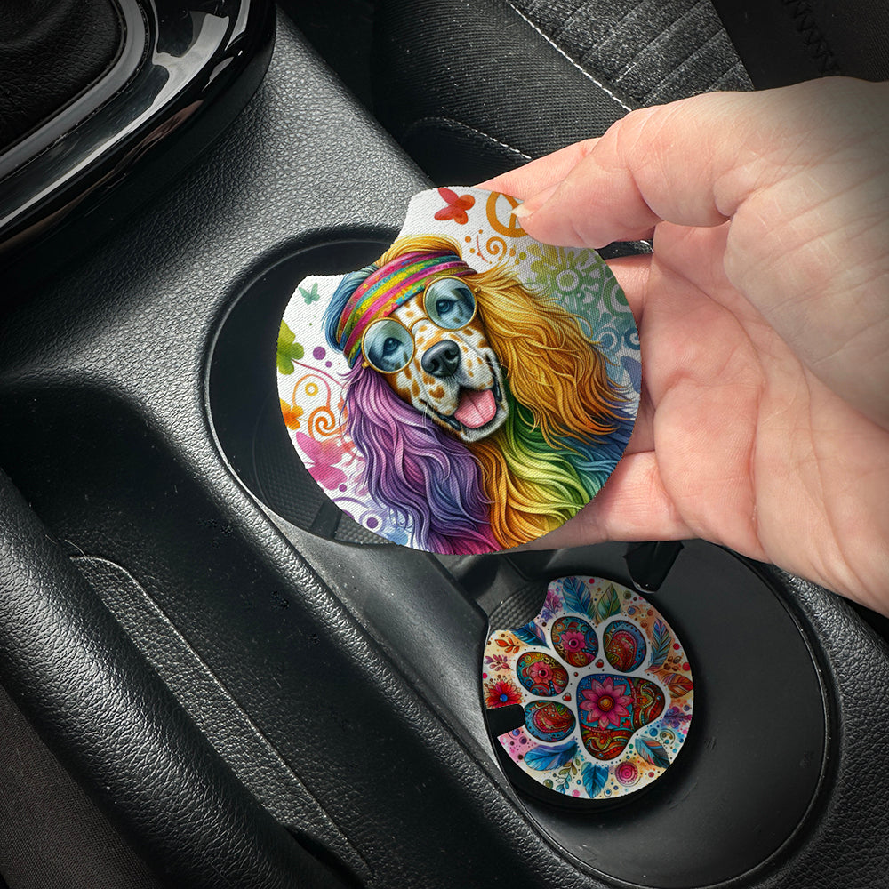 Hand placing a colorful car coaster with a dog design into a car cup holder.