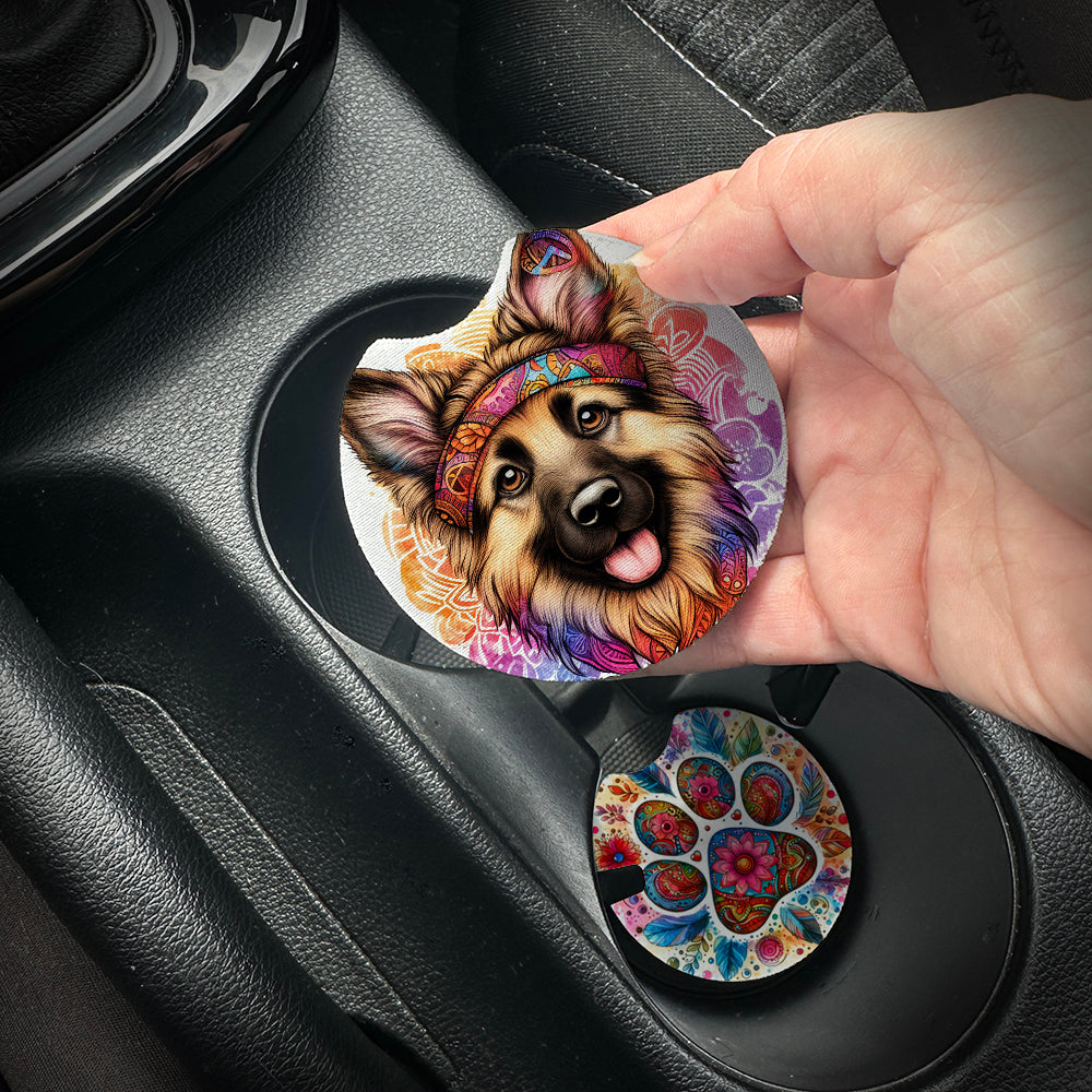 Hand placing a colorful car coaster with a dog design into a car cup holder.