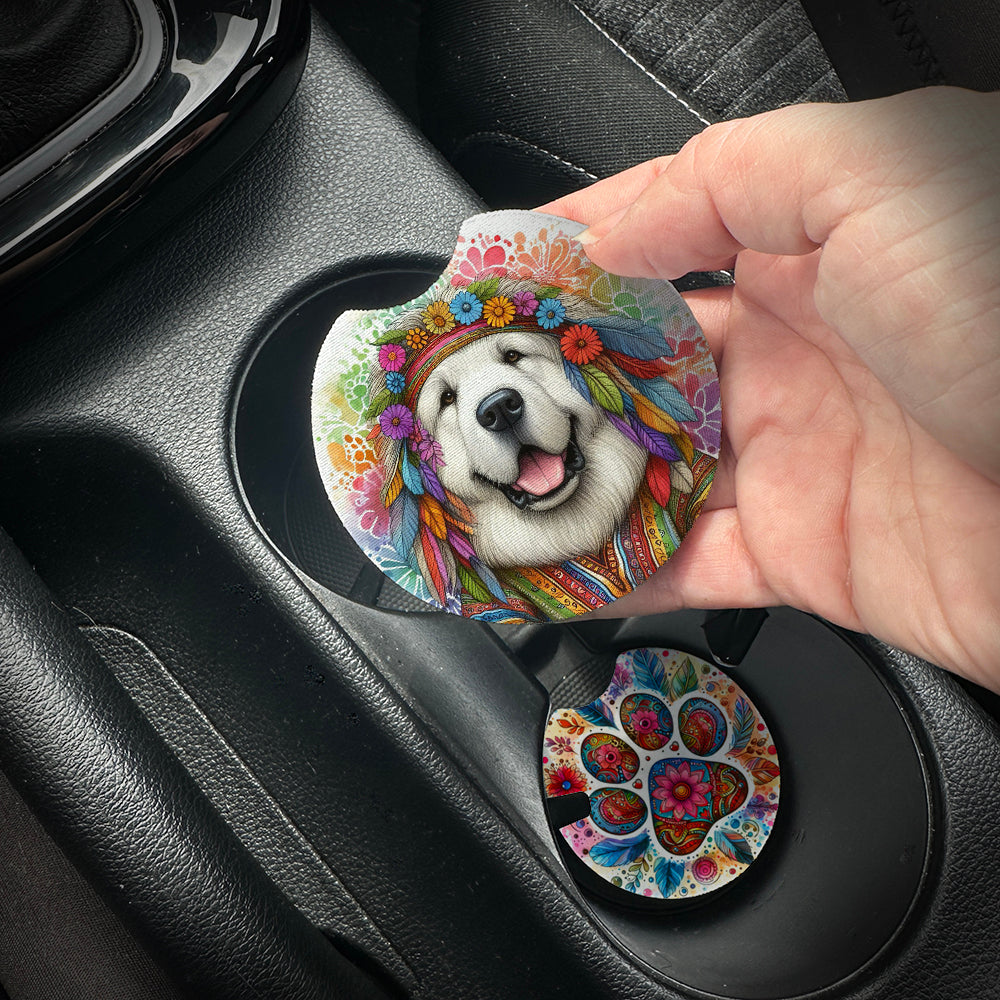 Hand placing a colorful car coaster with a dog design into a car cup holder.