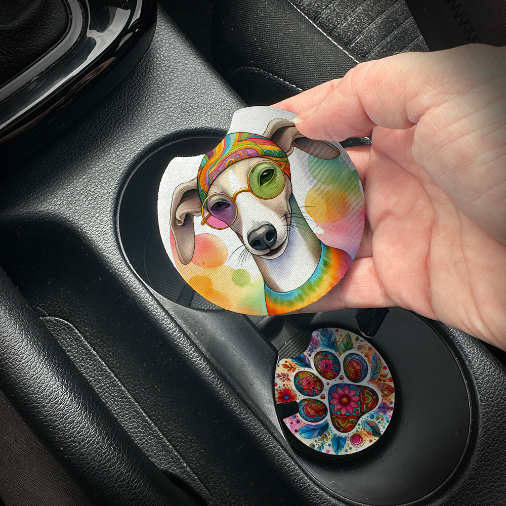 Hand placing a colorful car coaster with a dog design into a car cup holder.