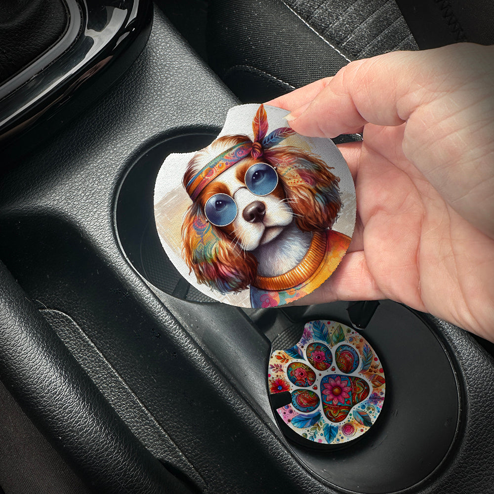 Hand placing a colorful car coaster with a dog design into a car cup holder.