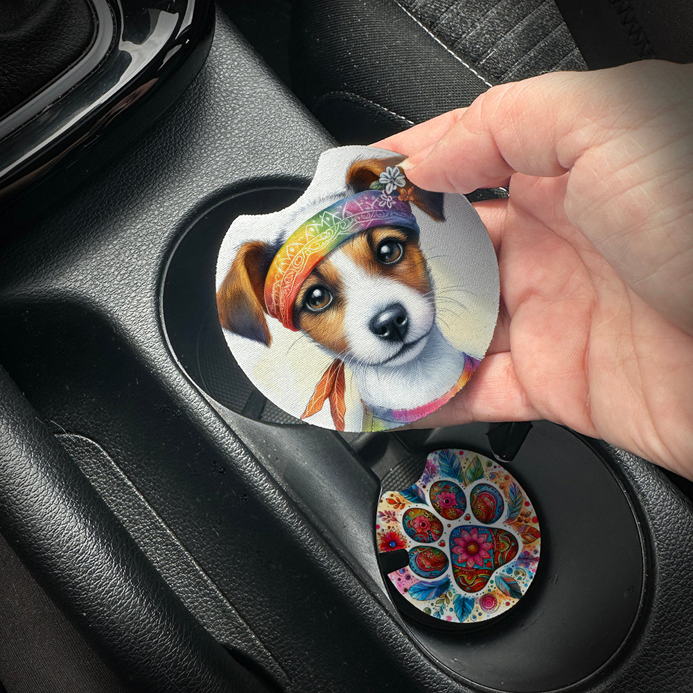 Hand placing a colorful car coaster with a dog design into a car cup holder.