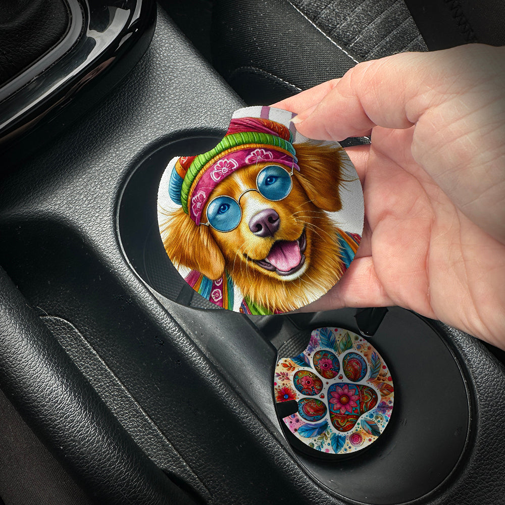 Hand placing a colorful car coaster with a dog design into a car cup holder.