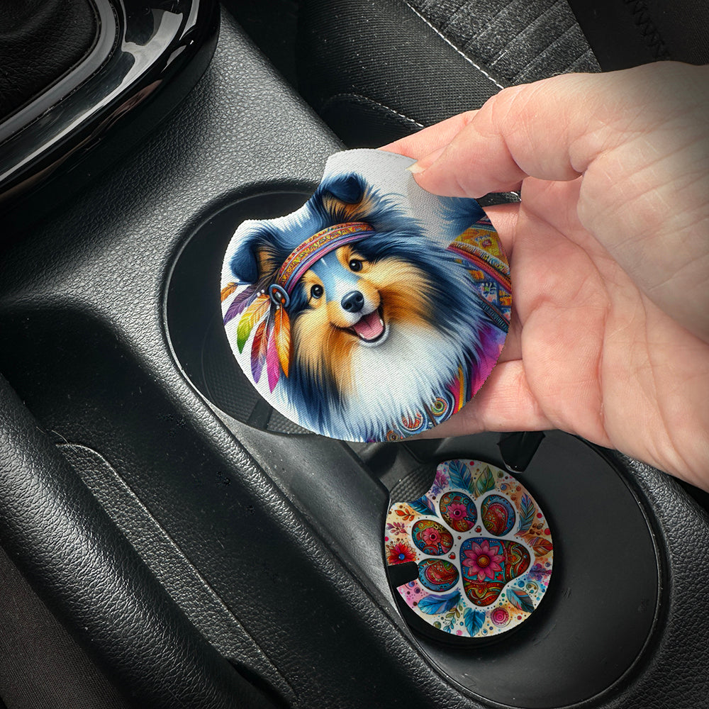 Hand placing a colorful car coaster with a dog design into a car cup holder.