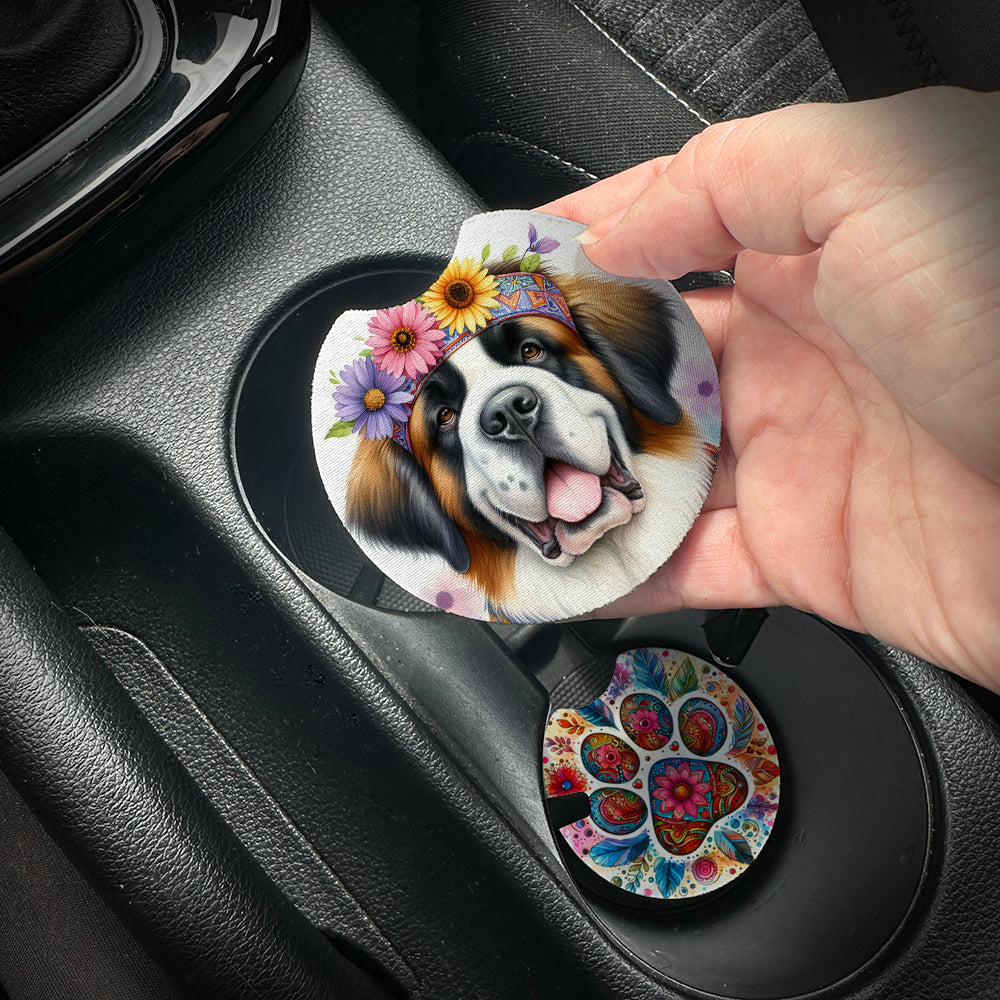 Hand placing a colorful car coaster with a dog design into a car cup holder.