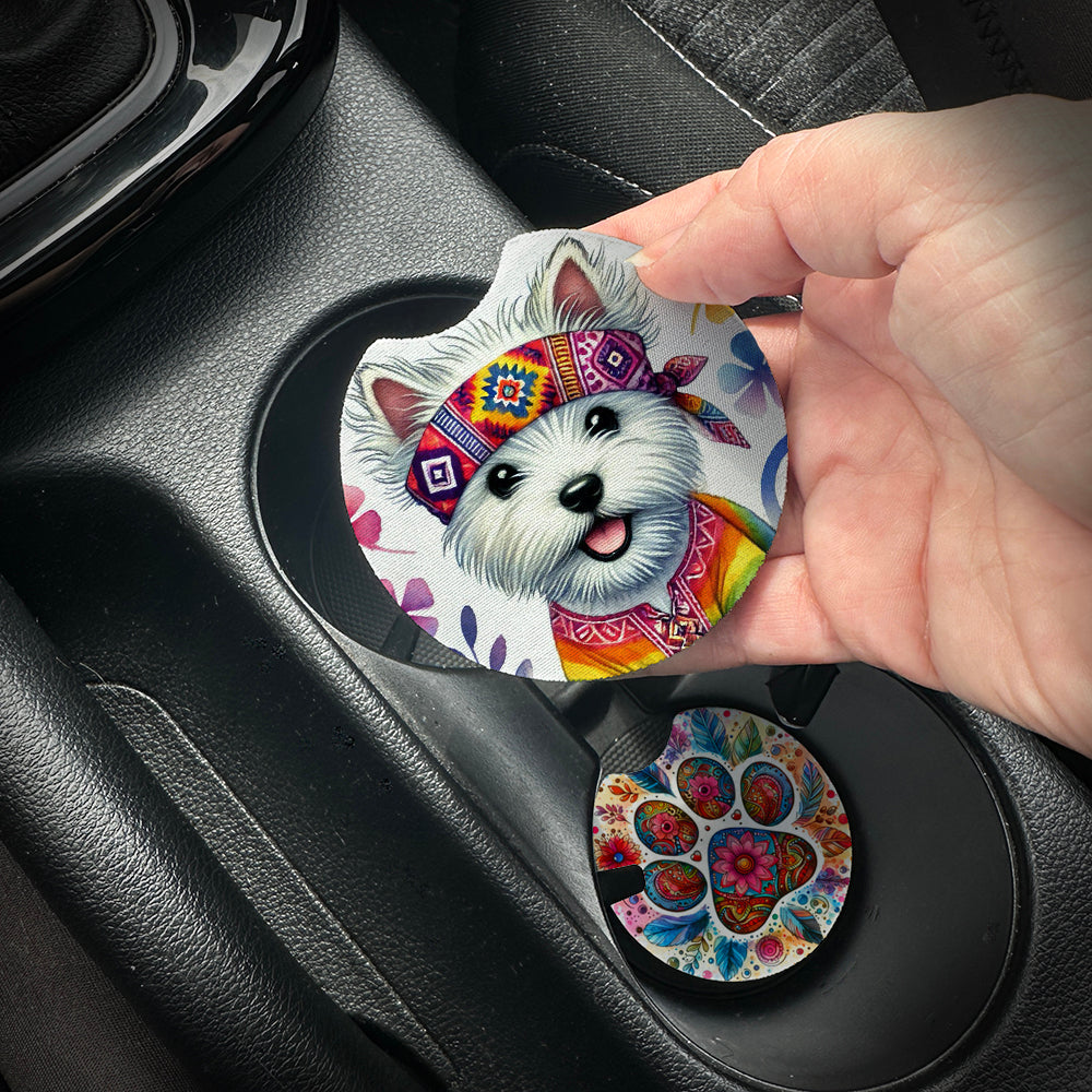 Hand placing a colorful car coaster with a dog design into a car cup holder.