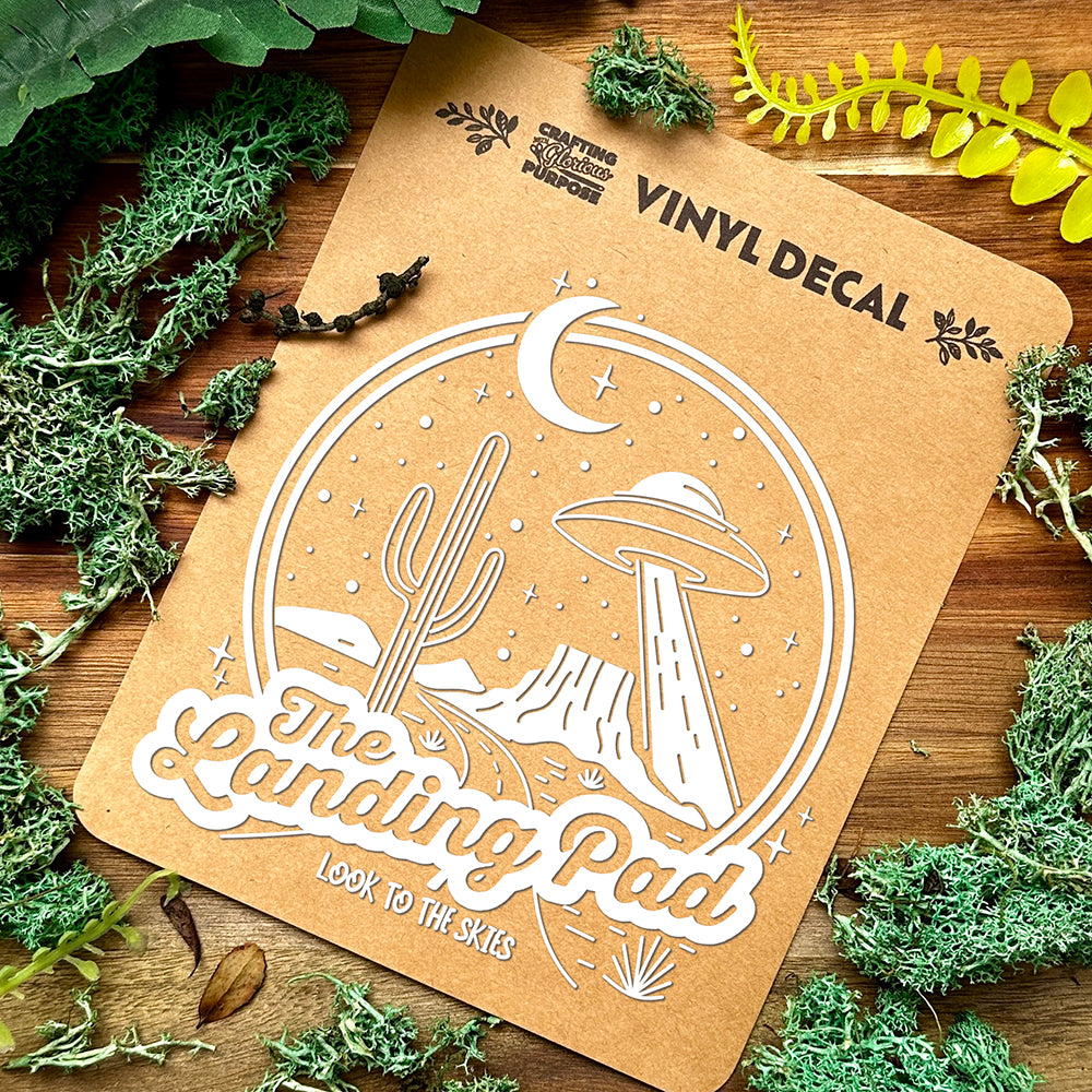 Vinyl decal packaging with nature-themed design on a wooden surface with greenery.