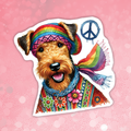 Colorful dog sticker with a rainbow hat and scarf on a pink background