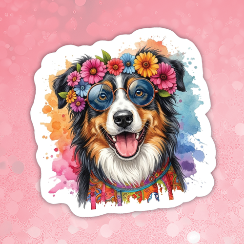 Dog with floral headband and colorful glasses on a pink background