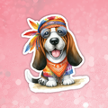 Dog sticker with colorful accessories on a pink background