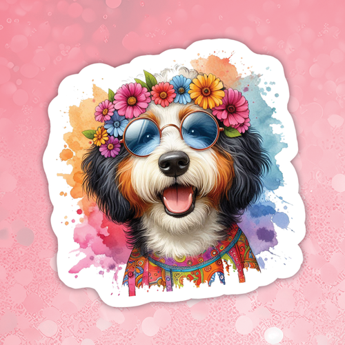 Dog with colorful sunglasses and flower crown on a pink background