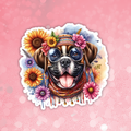 Sticker of a dog with sunglasses and flowers on a pink background