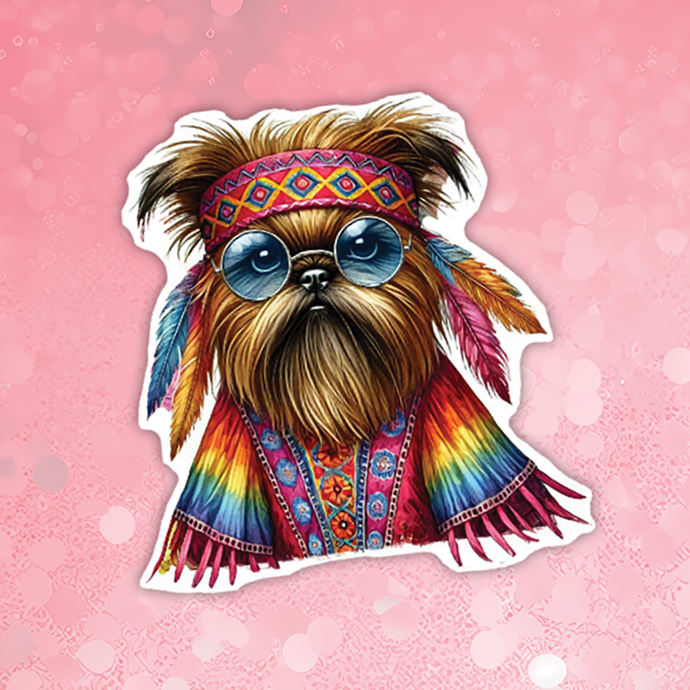 Sticker of a dog with hippie accessories on a pink background