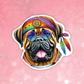Sticker of a dog with colorful accessories on a pink background