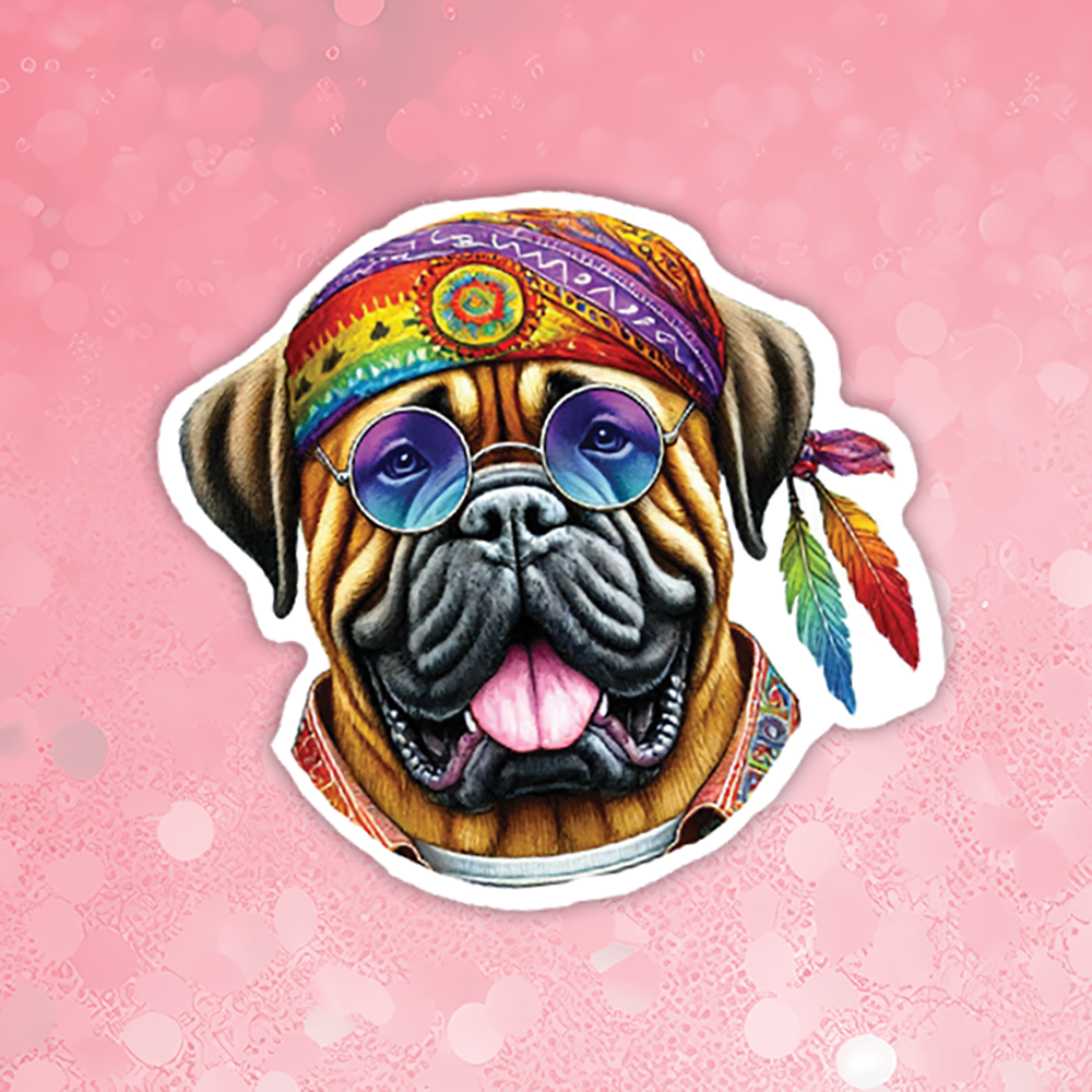 Sticker of a dog with colorful accessories on a pink background
