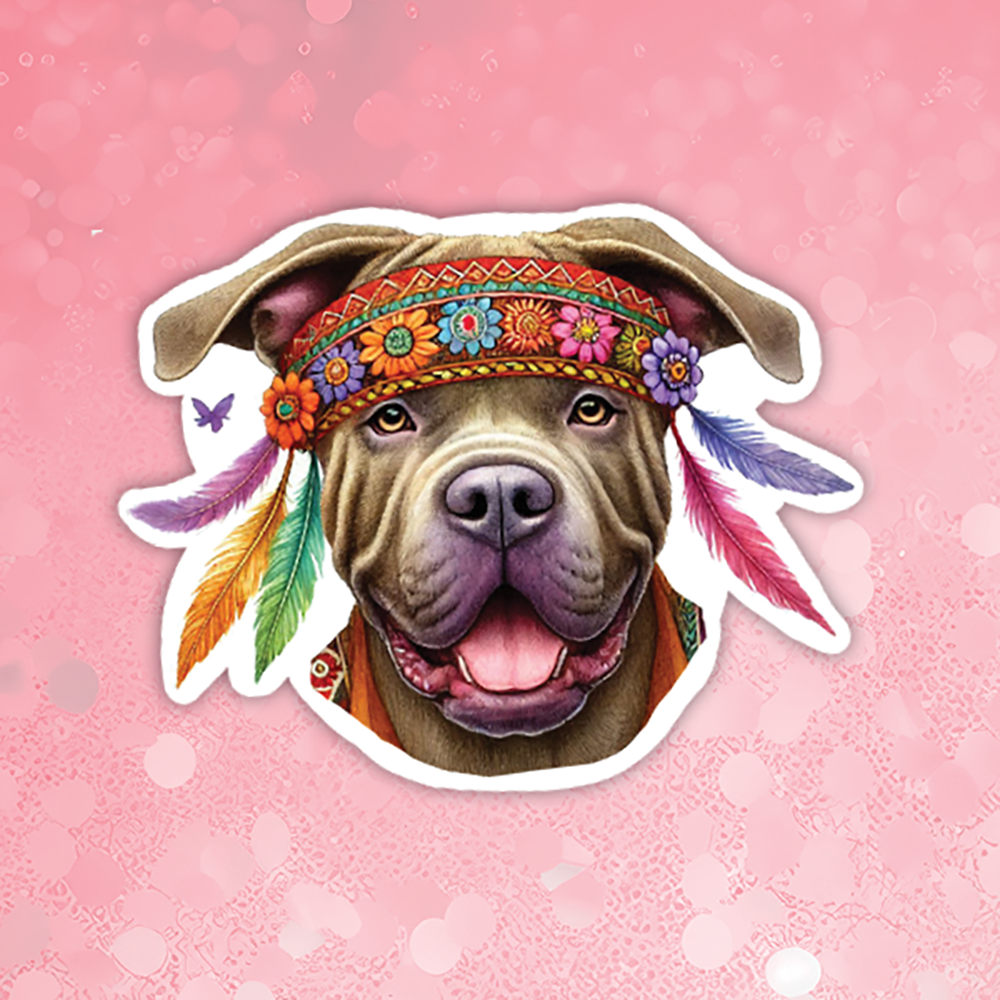 Dog sticker with colorful headdress and feathers on a pink background