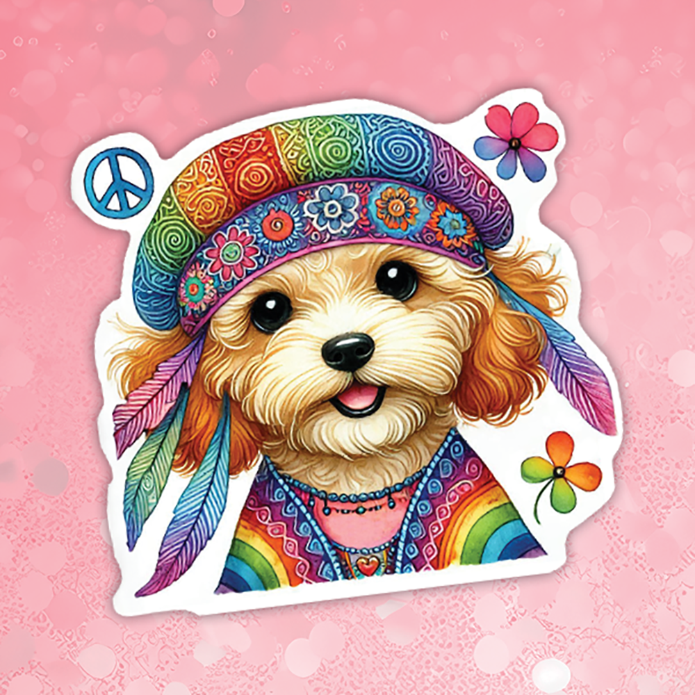 Colorful sticker of a dog with hippie-themed accessories on a pink background