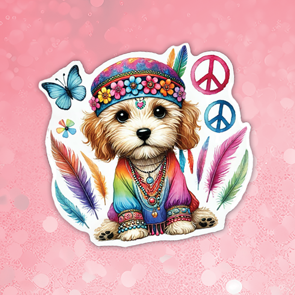 Colorful sticker of a dog with hippie accessories on a pink background