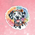 Colorful sticker of a Dalmatian dog with a rainbow headband on a pink background