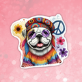 Colorful sticker of a dog wearing a hippie hat with flowers and peace symbol on a pink background