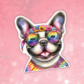 Colorful dog sticker with sunglasses and a bandana on a pink background