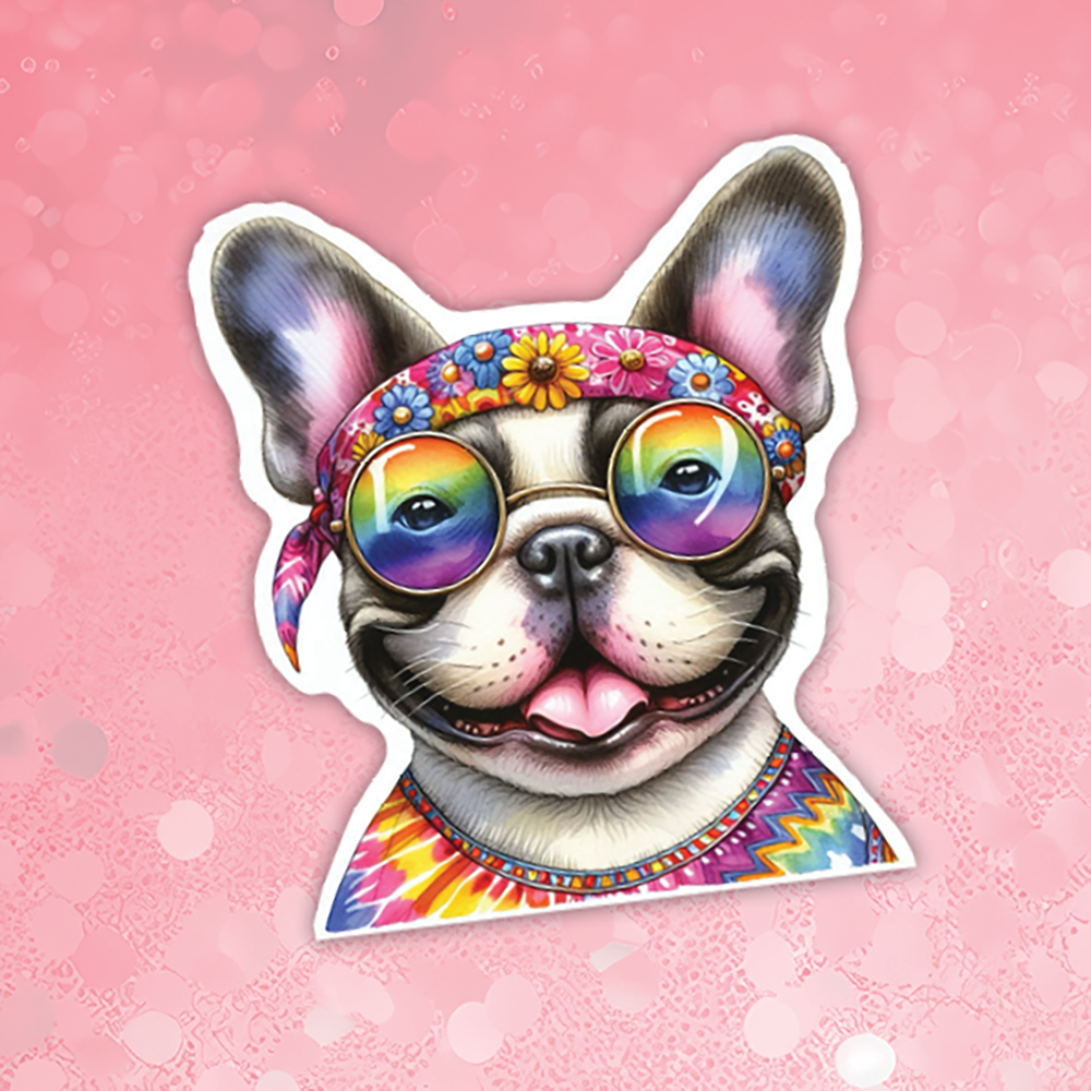 Colorful dog sticker with sunglasses and a bandana on a pink background