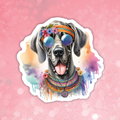 Sticker of a dog with colorful accessories on a pink background
