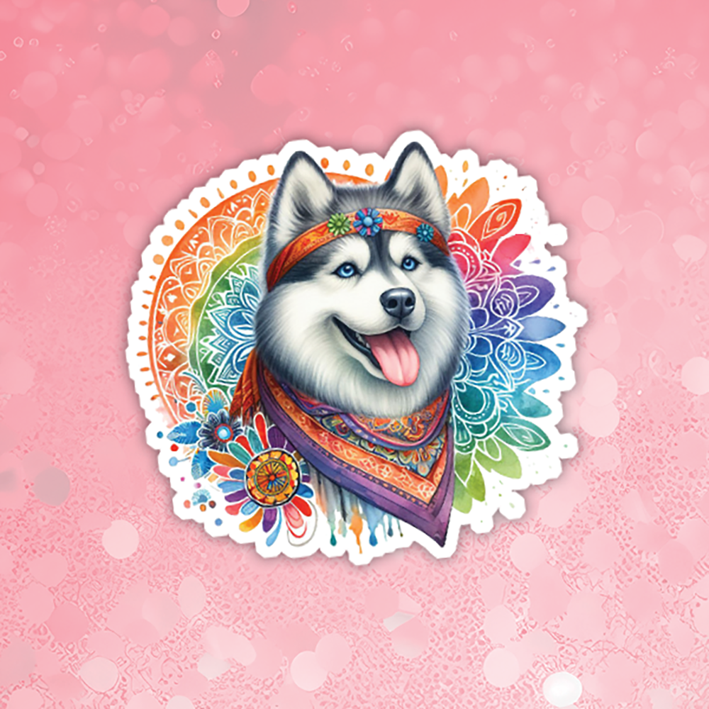 Colorful sticker of a dog with a bandana on a pink background