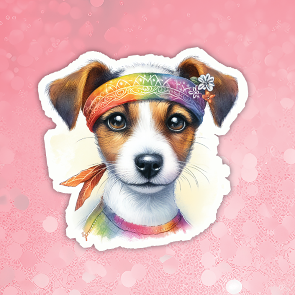 Dog sticker with a colorful bandana on a pink background