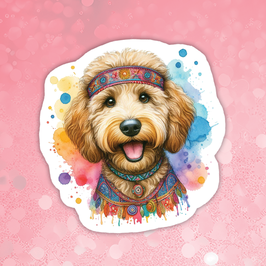 Colorful illustration of a dog with accessories on a pink background