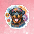 Sticker of a Rottweiler with a colorful headband on a pink background