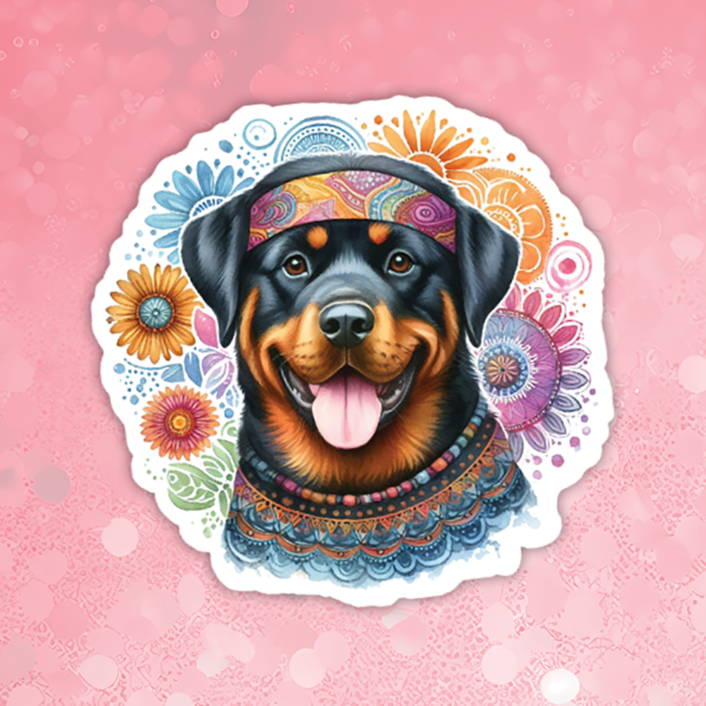Sticker of a Rottweiler with a colorful headband on a pink background