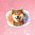 Sticker of a dog with a colorful headband on a pink background