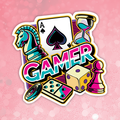 Sticker design with gaming elements on a pink background