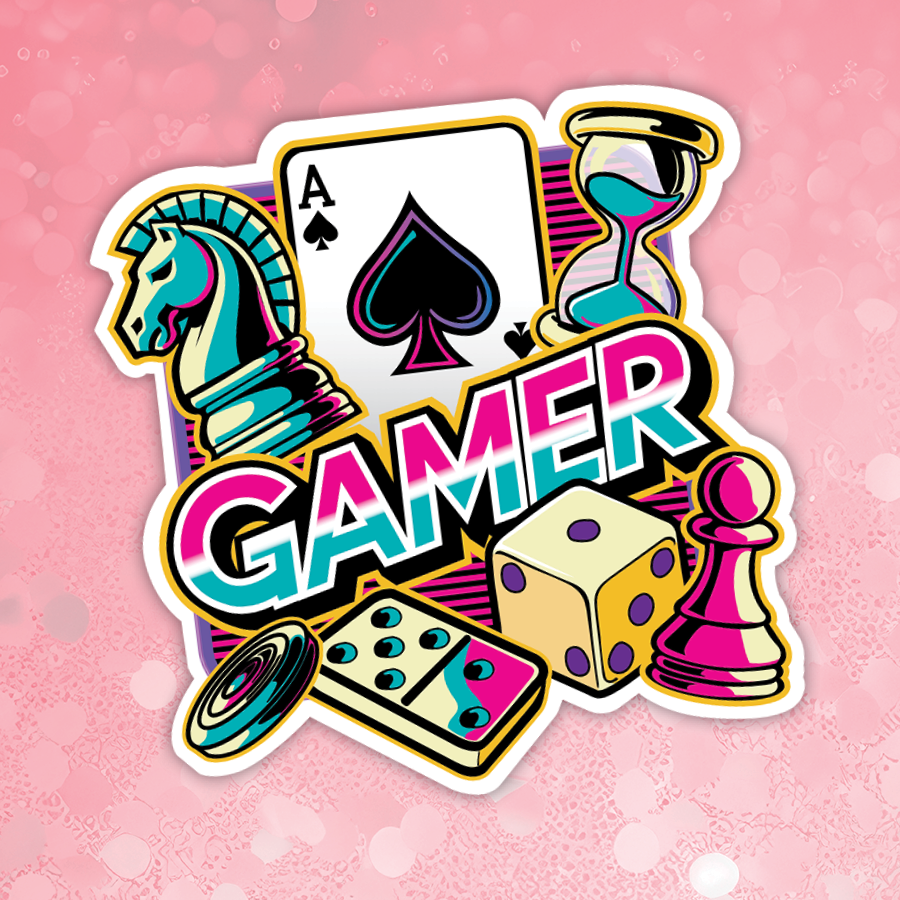 Sticker design with gaming elements on a pink background