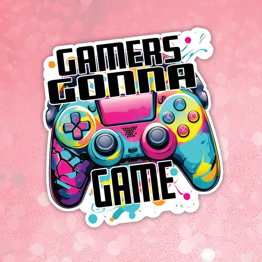 Colorful gaming controller with 'Gamers Gonna Game' text on a pink background