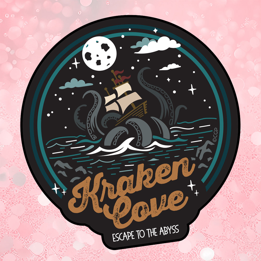 Kraken Cove sticker on pink background