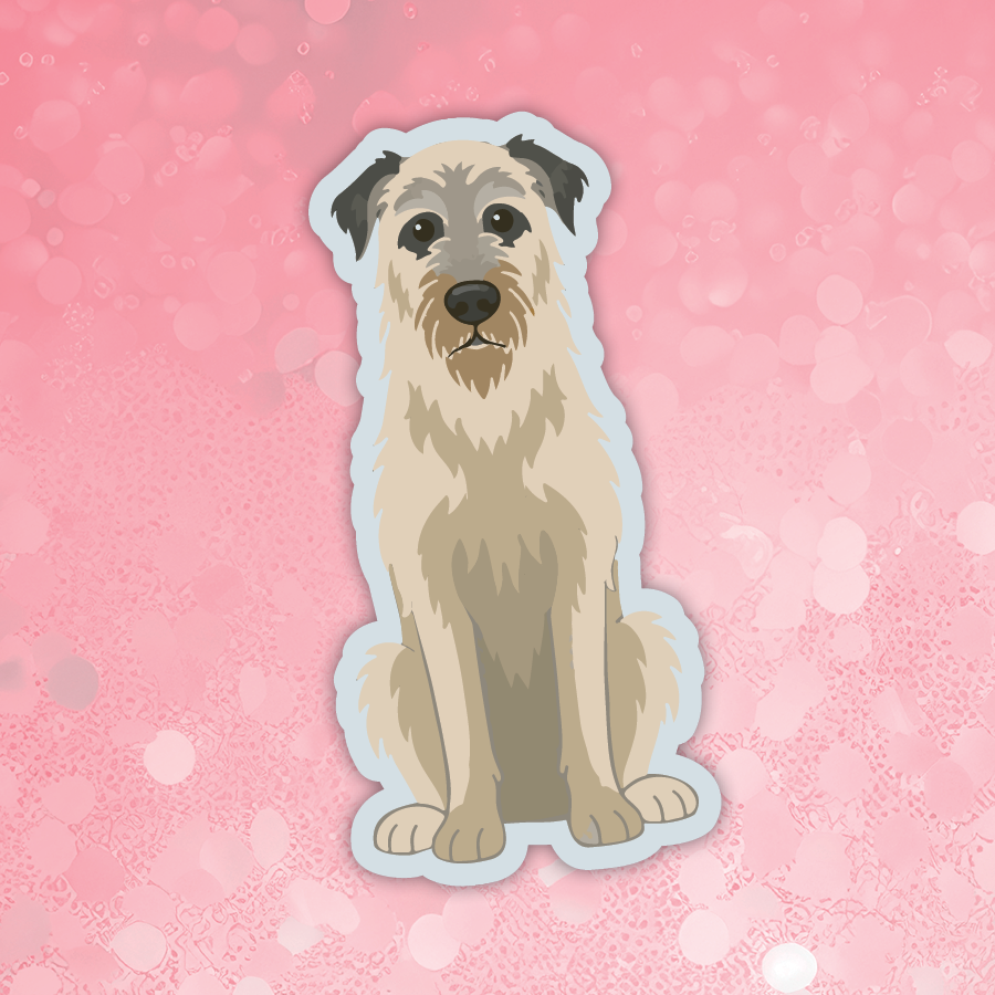 A die-cut sticker featuring a cartoon illustration of a sitting wirehaired dog with cream, tan, and gray fur, set against a pink bokeh background.